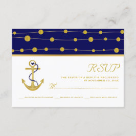 Cartão RSVP Casamento náutico azul marinho da âncora Dourada e