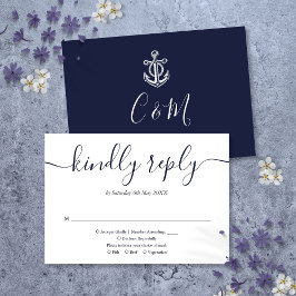 Cartão RSVP Casamento Náutico com Âncora Azul Marinho Monogram