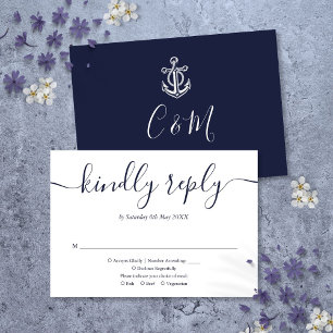 Cartão RSVP Casamento Náutico com Âncora Azul Marinho Monogram
