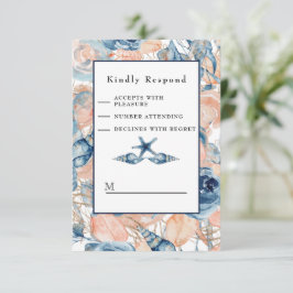 Cartão RSVP Casamento náutico da casca e Rosas do mar de praia