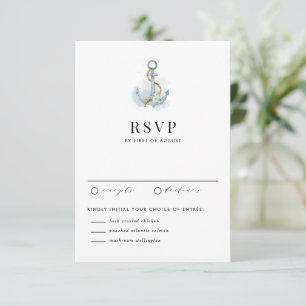 Cartão RSVP Casamento Náutico Floral Azul Aquarela Âncora