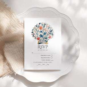 Cartão RSVP Casamento Náutico na Praia com Tema de Conchas Flo