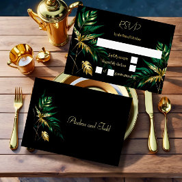 Cartão RSVP Casamento negro de ouro minimalista