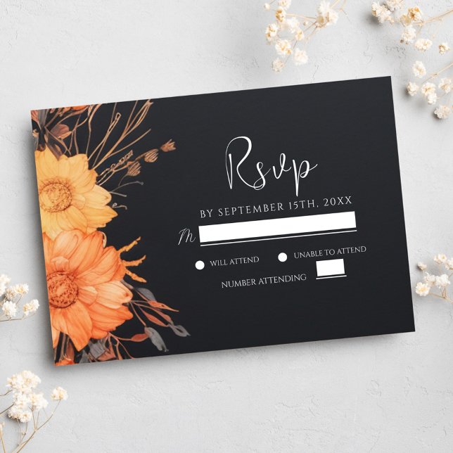 Cartão RSVP Casamento Negro de Queda Floral Moderna (Modern Floral Fall Black Wedding RSVP Card)