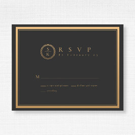 Cartão RSVP Casamento Negro Dourado de Elegância Simples Cláss