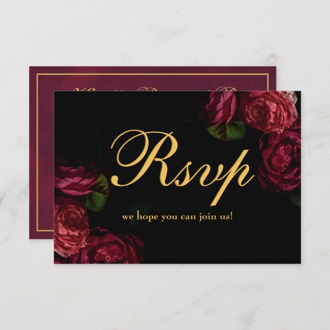 Cartão RSVP Casamento Negro Floral Clássico Elegante Rosa (Frente/Verso)