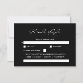 Cartão RSVP Casamento Negro Mínimo de Caligrafia com Script Cl
