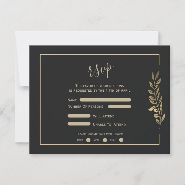Cartão RSVP Casamento Negro Moderno de Folhas Douradas (Frente)