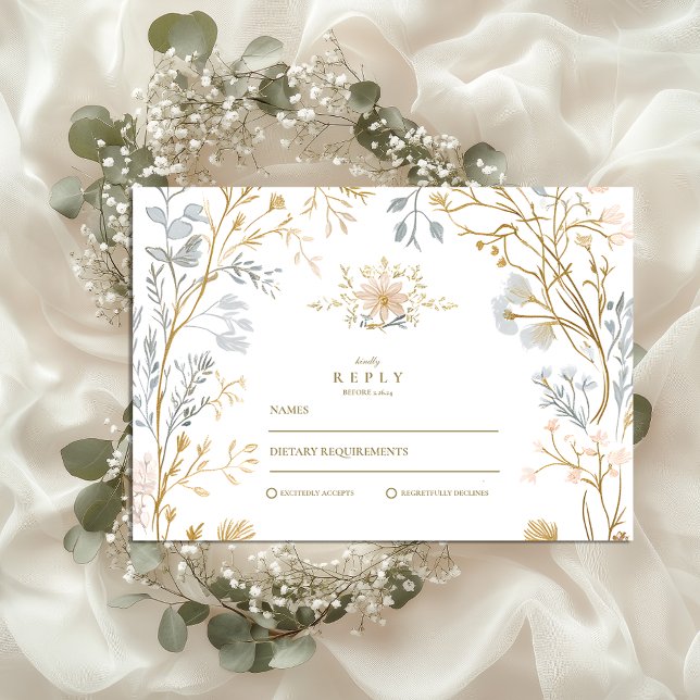 Cartão RSVP Casamento Neutral de Crest Floral Elegante (Criador carregado)