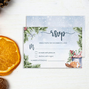 Cartão RSVP Casamento Neve com Cacau Quente Cozy Winter Hot Co