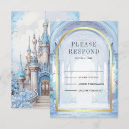 Cartão RSVP Casamento no Castelo Floral Azul Conto de Fadas