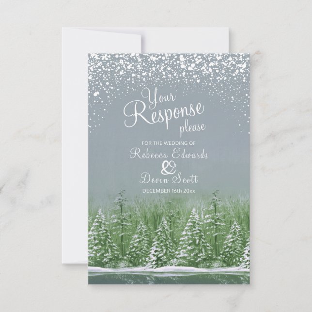Cartão RSVP Casamento no inverno art green cinza response card (Frente)
