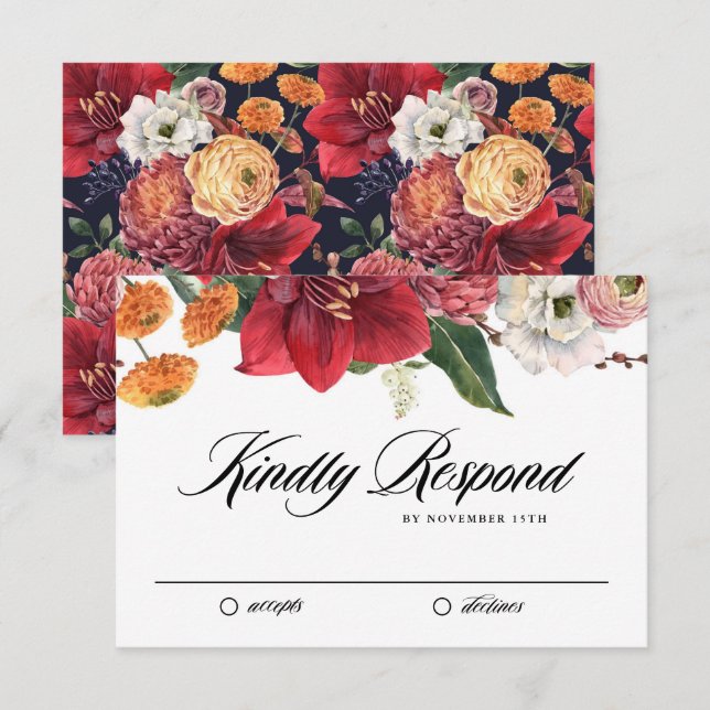 Cartão RSVP Casamento no inverno Botânico do Amaryllis Vermelh (Frente/Verso)