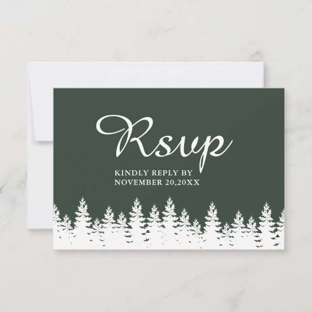 Cartão RSVP Casamento no inverno Branco Verde da Floresta Eleg (Frente)