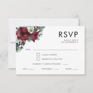Cartão RSVP Casamento no inverno Burgundy Floral Holiday Green