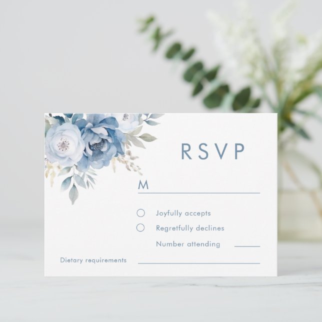 Cartão RSVP Casamento no inverno de Florais Azul Dusty (Em pé/Frente)