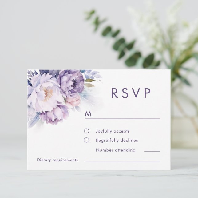 Cartão RSVP Casamento no inverno de Florais Roxos Magnéticos (Em pé/Frente)