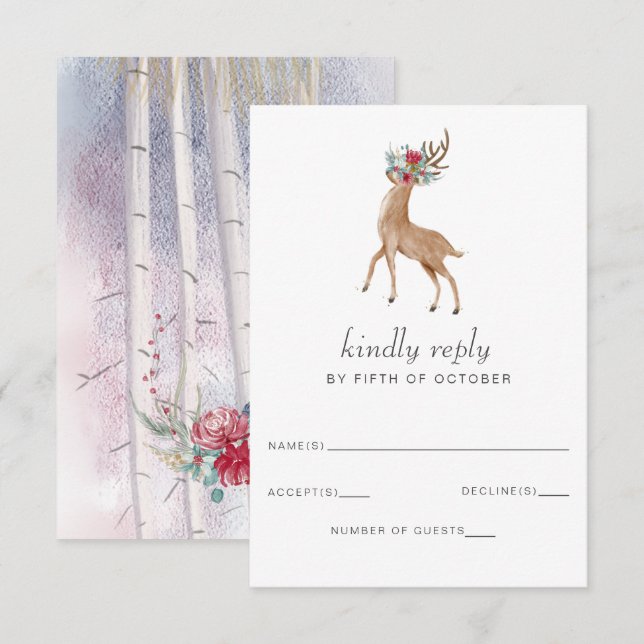 Cartão RSVP Casamento no inverno de pinheiro de veado de aquar (Frente/Verso)