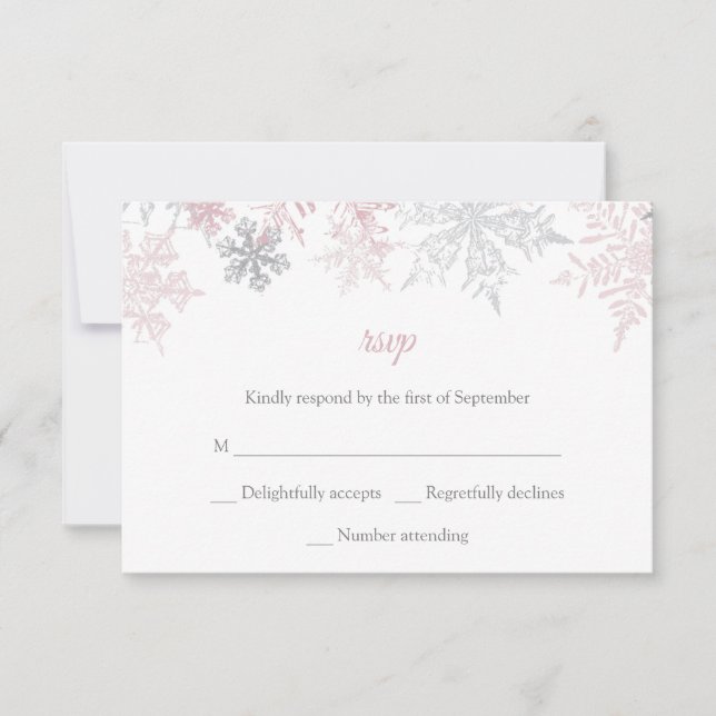 Cartão RSVP Casamento no inverno Dusty Pink & Silver Snowflake (Frente)