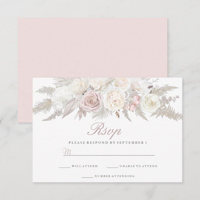 Cartão RSVP Casamento no inverno Floral de Ivory & Blush (Frente/Verso)