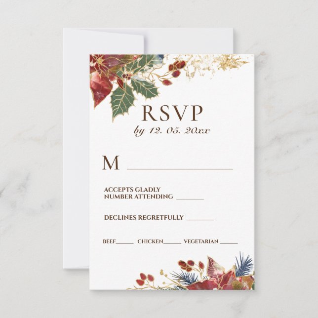 Cartão RSVP Casamento no inverno Floral de Natal Red Poinsetti (Frente)