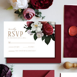 Cartão RSVP Casamento no inverno floral Romântico Burgundy Mar