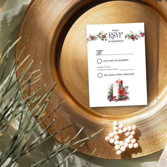Cartão RSVP Casamento no inverno Holly e Velas (RSVP Card from the Holly Bells Wedding Collection by Darling & May)