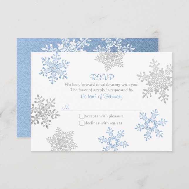 Cartão RSVP Casamento no inverno Lapis Blue Silver Snowflake R (Frente/Verso)