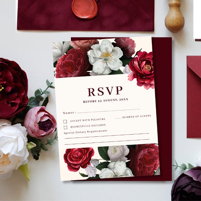 Cartão RSVP Casamento no inverno Romântico Vermelho e Maroon (Criador carregado)