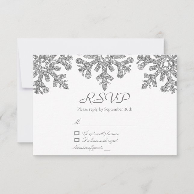 Cartão RSVP Casamento no inverno Silver Snowflakes (Frente)