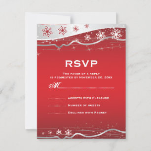 Cartão RSVP casamento no inverno vermelho, cinza prateada em f