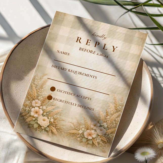 Cartão RSVP Casamento no Jardim de Trigo Rústico e Flores Silv (Criador carregado)
