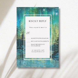 Cartão RSVP Casamento no Lago Floresta Aurora de Natal Céu Not