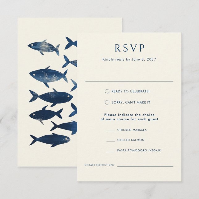 Cartão RSVP Casamento no Oceano Na moda de Peixes Azuis Náutic (Frente/Verso)
