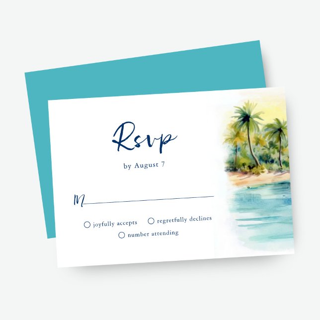 Cartão RSVP Casamento no pôr do sol na praia tropical & palmei (Criador carregado)