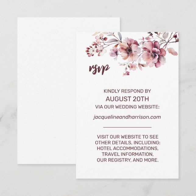 Cartão RSVP Casamento Online Da Burgundy & Blush Floral Waterc (Frente/Verso)