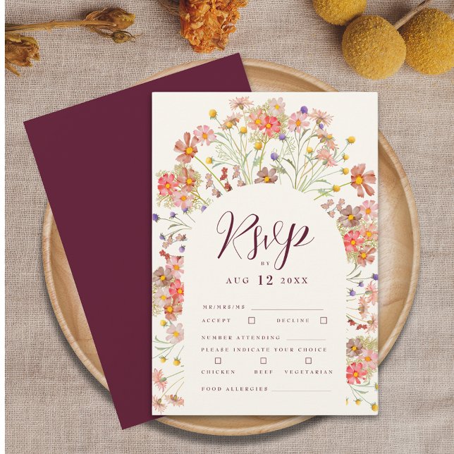 Cartão RSVP Casamento outono de Arca Floral Terracotta Boho (Boho wildflower rustic floral arch burgundy and ivory cream wedding rsvp card Elegant script)
