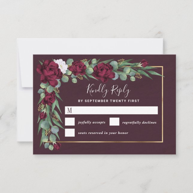 Cartão RSVP Casamento outono de Borgonha Floral Dourada (Frente)