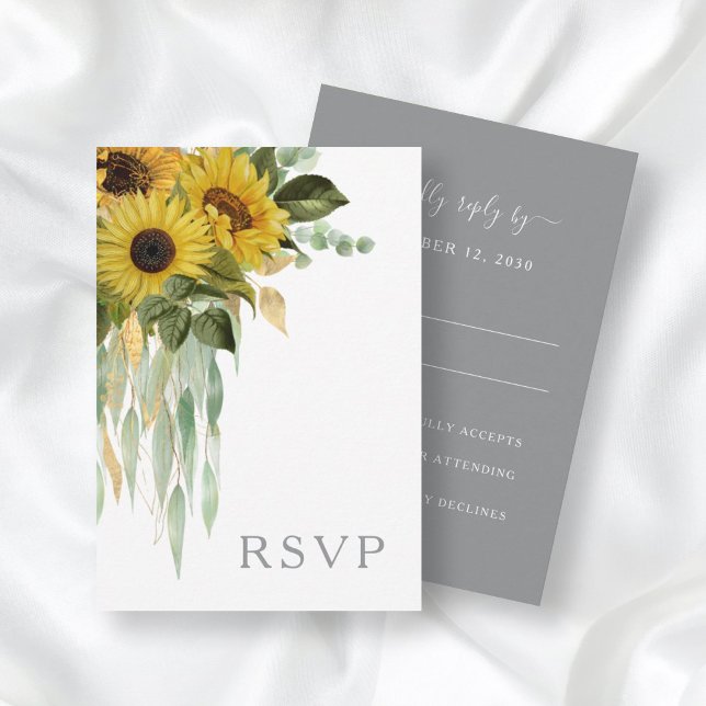 Cartão RSVP Casamento outono de Cinza Eucalyptus Sunflower (Criador carregado)