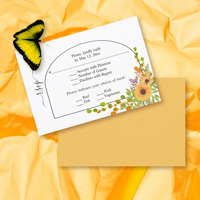 Cartão RSVP Casamento outono de girassol amarelo, arco e monog (Criador carregado)