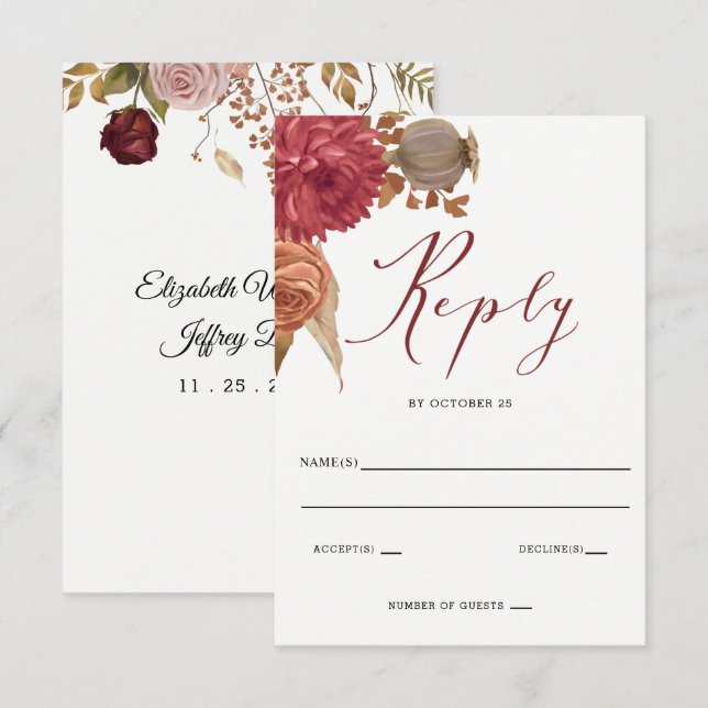 Cartão RSVP Casamento outono de outono Botânico Russo (Frente/Verso)
