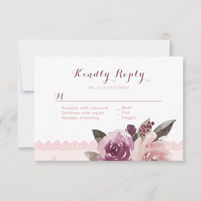 Cartão RSVP Casamento outono de renda floral de aquarela russa (Frente)