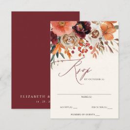 Cartão RSVP Casamento outono Floral Laranja Burgundy