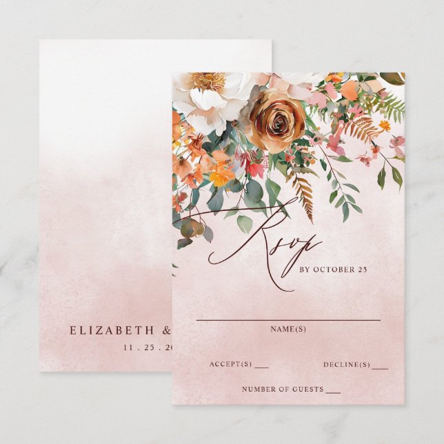 Cartão RSVP Casamento outono Floral Laranja Russo (Frente/Verso)