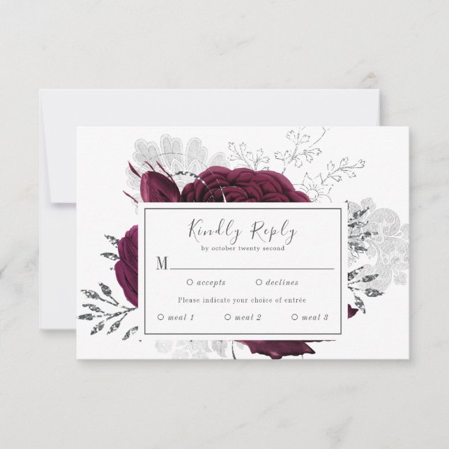 Cartão RSVP Casamento outono Floral Maroon Silver (Frente)