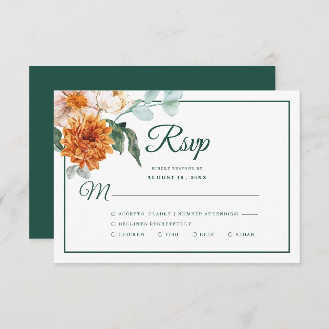 Cartão RSVP Casamento outono Floral Rustic Elegant Emerald Gre (Frente/Verso)