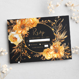 Cartão RSVP Casamento outono Preto Elegante Floral