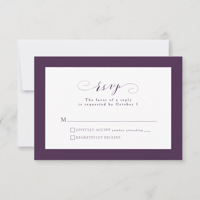 Cartão RSVP Casamento outono roxo de plum de script formal Ele (Frente)