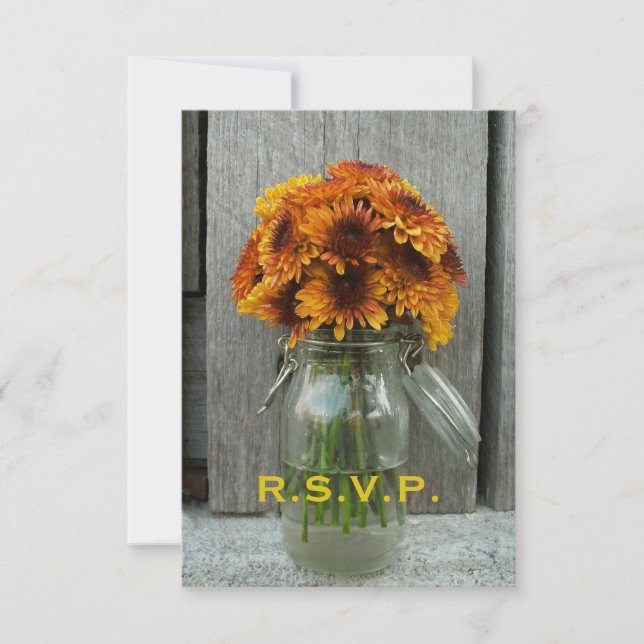 Cartão RSVP Casamento outono RSVP: Mason Jar Flowers & Barnwoo (Frente)