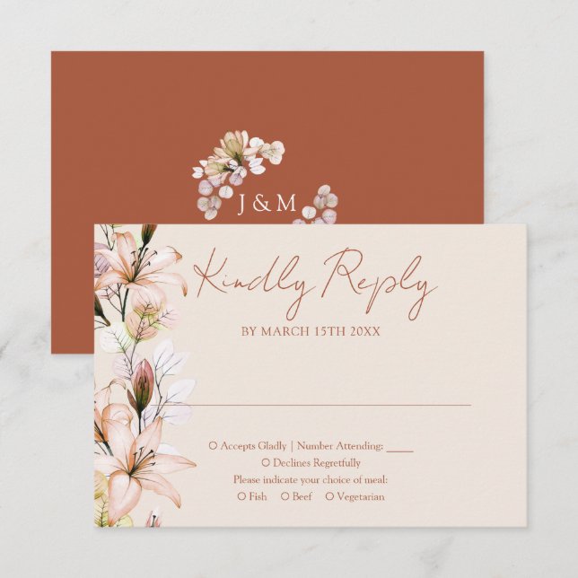 Cartão RSVP Casamento outono Rustic Floral Monograma Terracott (Frente/Verso)
